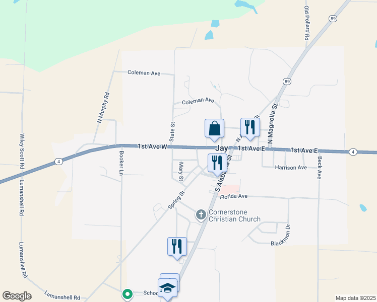 map of restaurants, bars, coffee shops, grocery stores, and more near 3826 Mc Curdy Avenue in Jay