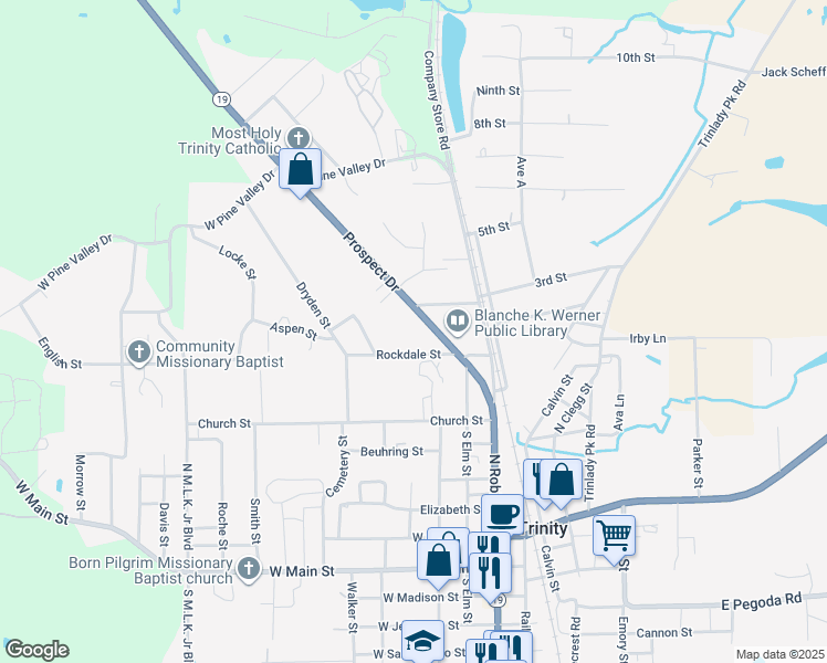 map of restaurants, bars, coffee shops, grocery stores, and more near Rockdale St in Trinity