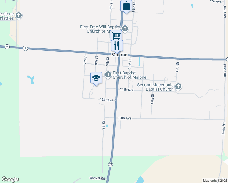 map of restaurants, bars, coffee shops, grocery stores, and more near 5320-5336 10th Street in Malone
