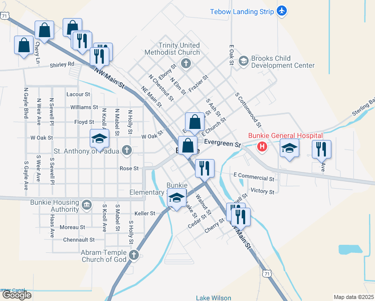 map of restaurants, bars, coffee shops, grocery stores, and more near in Bunkie