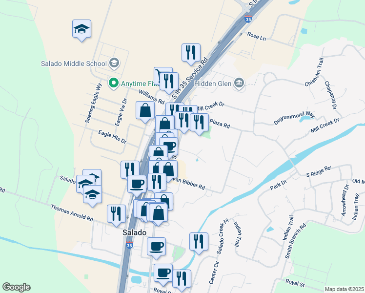 map of restaurants, bars, coffee shops, grocery stores, and more near 800 North Main Street in Salado