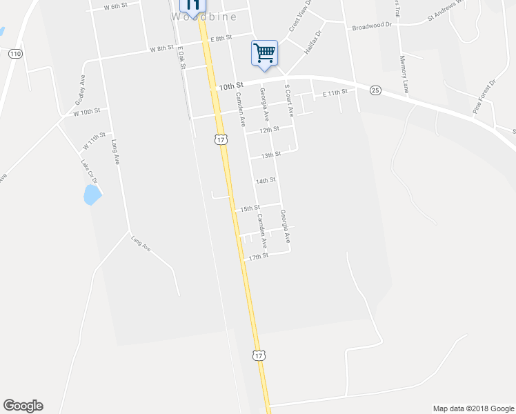 map of restaurants, bars, coffee shops, grocery stores, and more near 15th Street in Woodbine