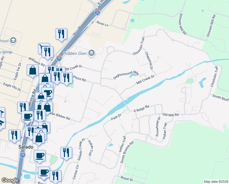 map of restaurants, bars, coffee shops, grocery stores, and more near 902 Mill Creek Drive in Salado