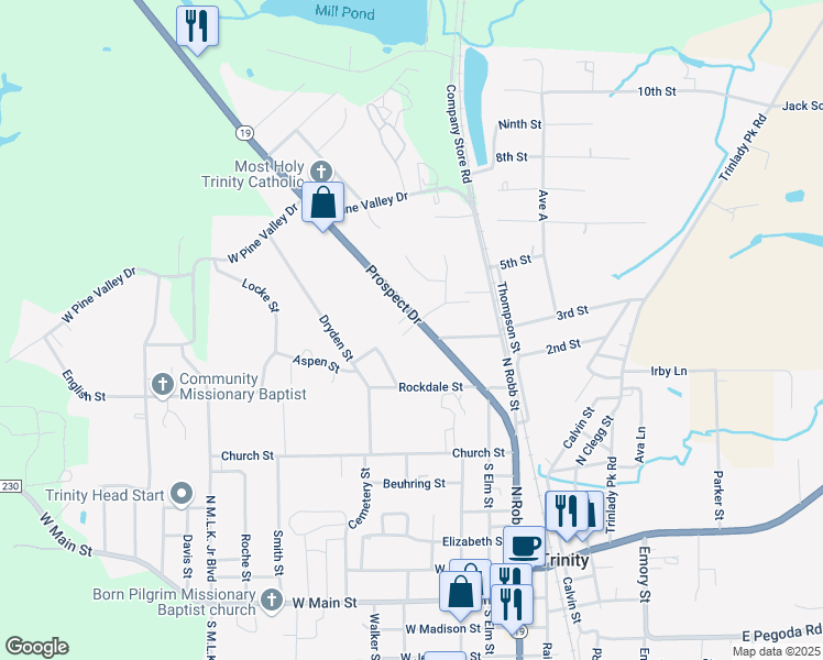 map of restaurants, bars, coffee shops, grocery stores, and more near 316 Prospect Drive in Trinity