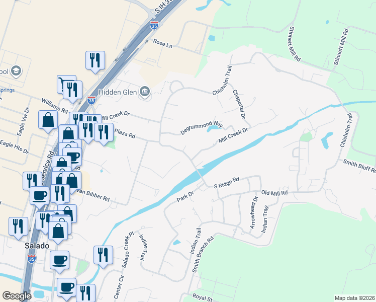 map of restaurants, bars, coffee shops, grocery stores, and more near 902 Mill Creek Drive in Salado