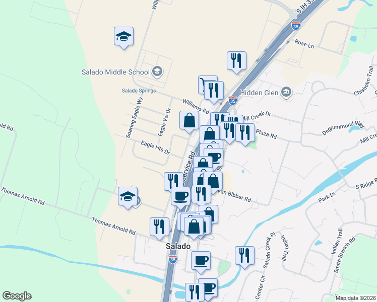 map of restaurants, bars, coffee shops, grocery stores, and more near 701 West Village Road in Salado
