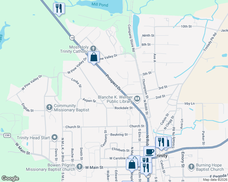 map of restaurants, bars, coffee shops, grocery stores, and more near 102 Washington Avenue in Trinity