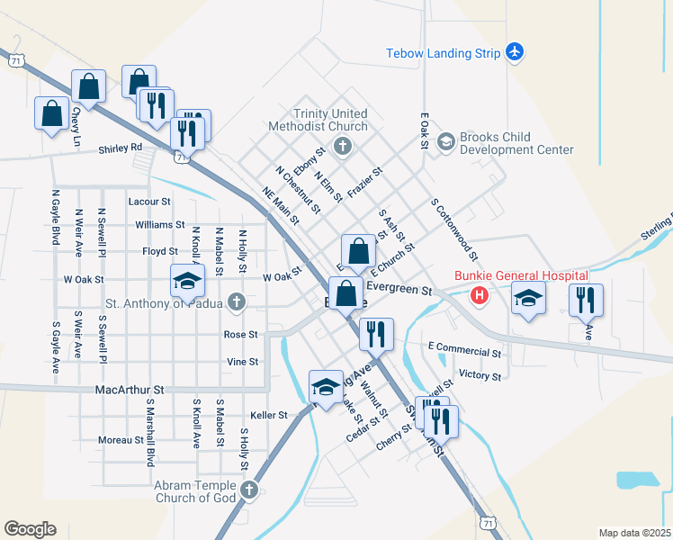 map of restaurants, bars, coffee shops, grocery stores, and more near 102 East Magnolia Street in Bunkie