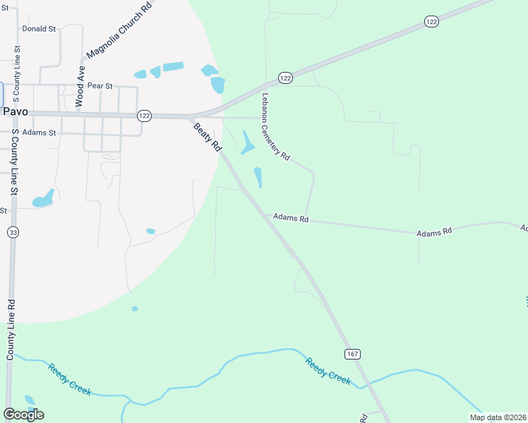 map of restaurants, bars, coffee shops, grocery stores, and more near 634 Adams Road in Pavo