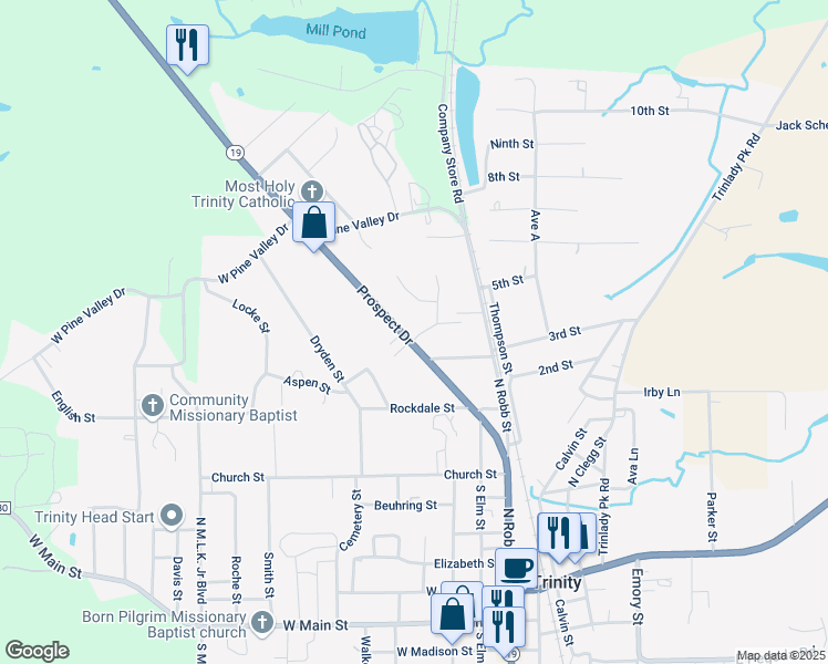 map of restaurants, bars, coffee shops, grocery stores, and more near 316 Prospect Drive in Trinity