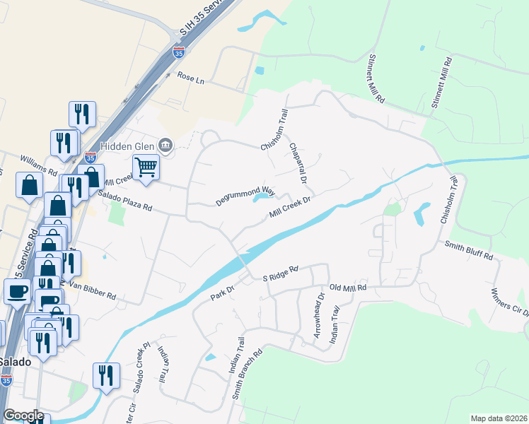 map of restaurants, bars, coffee shops, grocery stores, and more near 1202 Mill Creek Drive in Salado