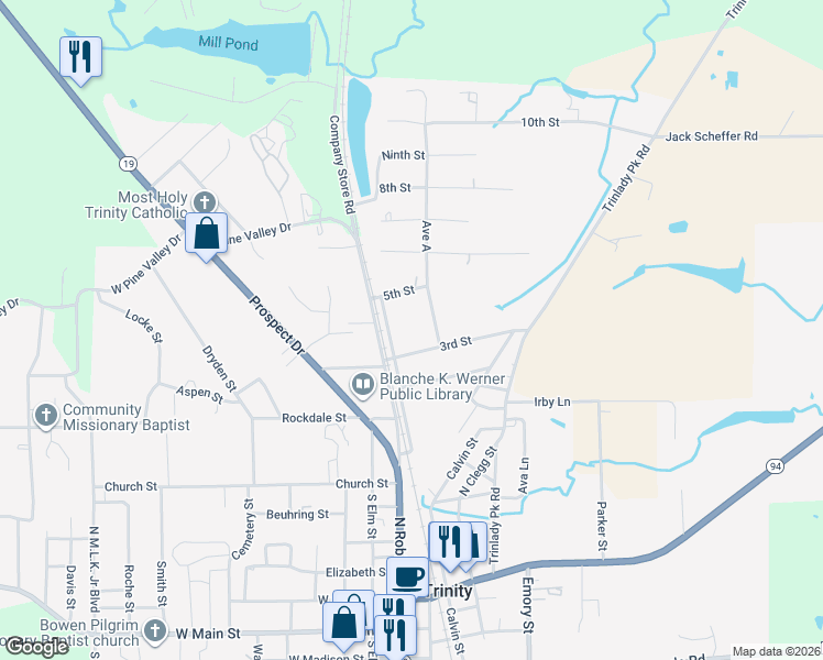 map of restaurants, bars, coffee shops, grocery stores, and more near 105A North 5th Street in Trinity