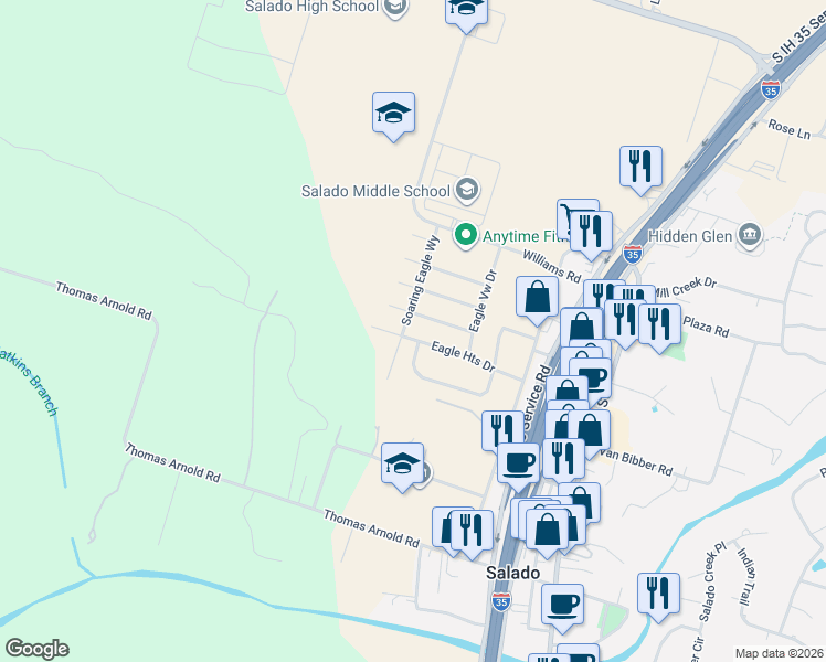 map of restaurants, bars, coffee shops, grocery stores, and more near 600 West Village Road in Salado