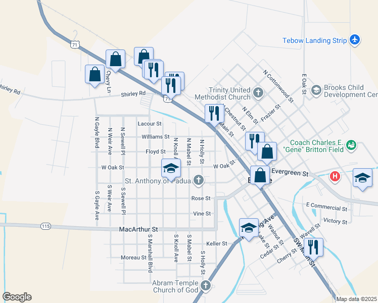 map of restaurants, bars, coffee shops, grocery stores, and more near 201 North Mabel Street in Bunkie