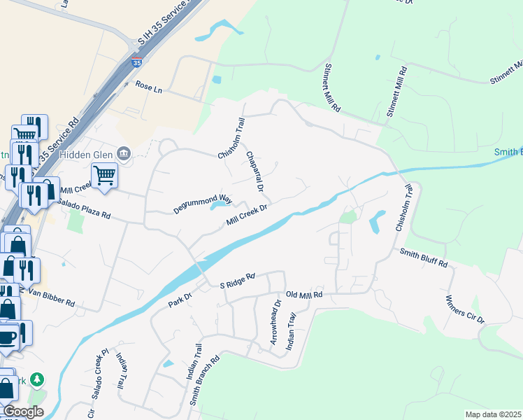 map of restaurants, bars, coffee shops, grocery stores, and more near 1401 Mill Creek Drive in Salado