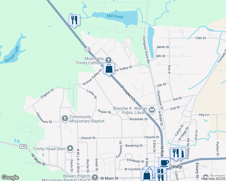 map of restaurants, bars, coffee shops, grocery stores, and more near 328 Prospect Drive in Trinity