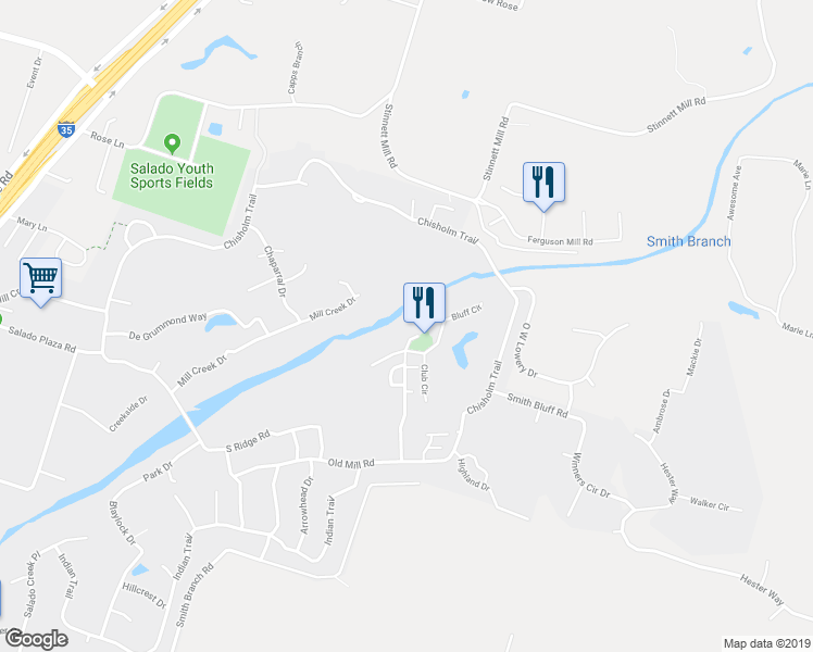 map of restaurants, bars, coffee shops, grocery stores, and more near 1400 Old Mill Road in Salado