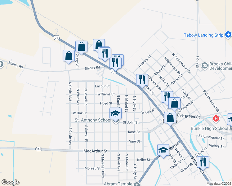 map of restaurants, bars, coffee shops, grocery stores, and more near 300-318 North Knoll Avenue in Bunkie