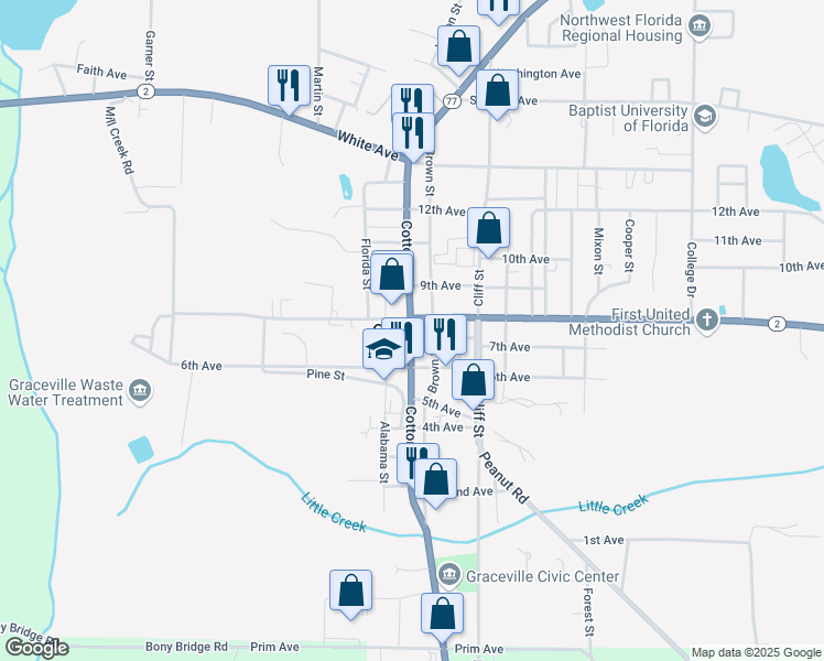 map of restaurants, bars, coffee shops, grocery stores, and more near in Graceville