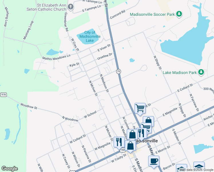 map of restaurants, bars, coffee shops, grocery stores, and more near 702 North Madison Street in Madisonville