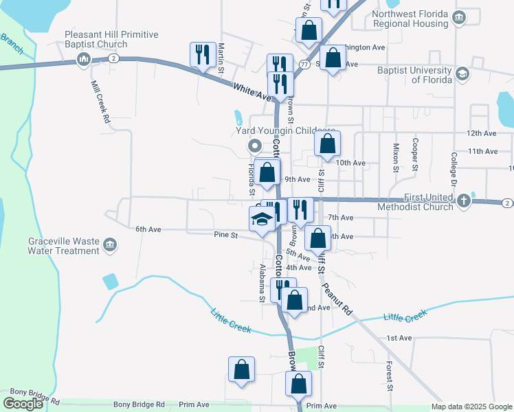 map of restaurants, bars, coffee shops, grocery stores, and more near 5400 College Drive in Graceville
