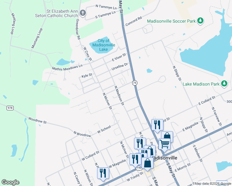 map of restaurants, bars, coffee shops, grocery stores, and more near 702 North Madison Street in Madisonville