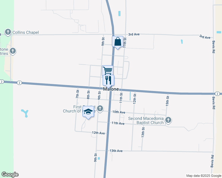 map of restaurants, bars, coffee shops, grocery stores, and more near in Malone