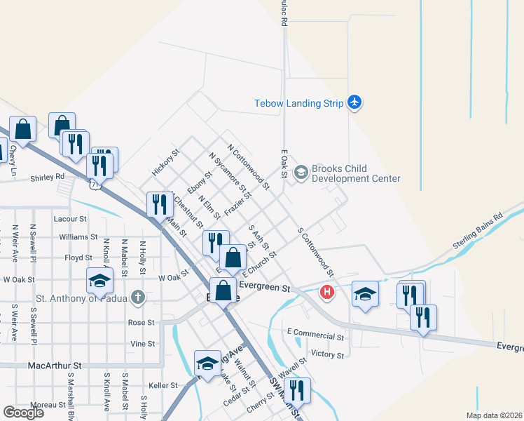 map of restaurants, bars, coffee shops, grocery stores, and more near 100 North Sycamore Street in Bunkie