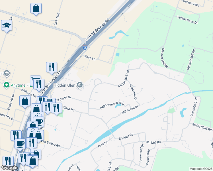 map of restaurants, bars, coffee shops, grocery stores, and more near 1513 Chisholm Trail in Salado