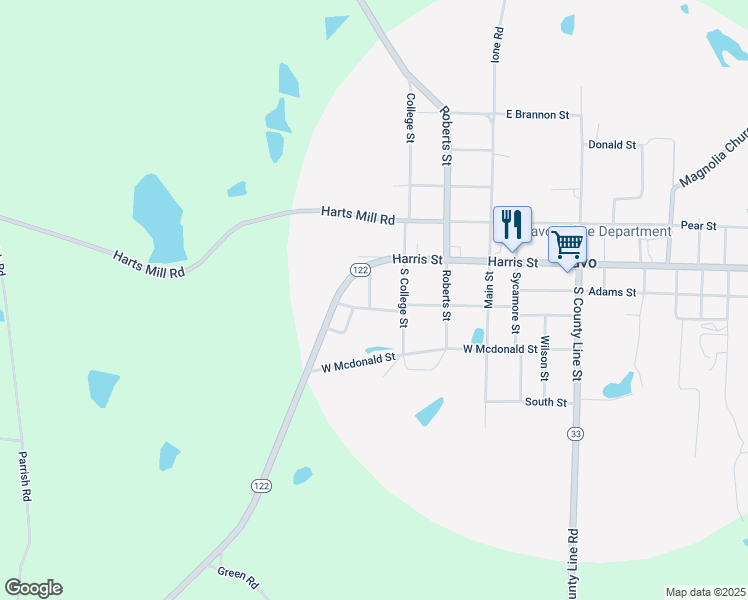 map of restaurants, bars, coffee shops, grocery stores, and more near 3058 John Deere Street in Pavo