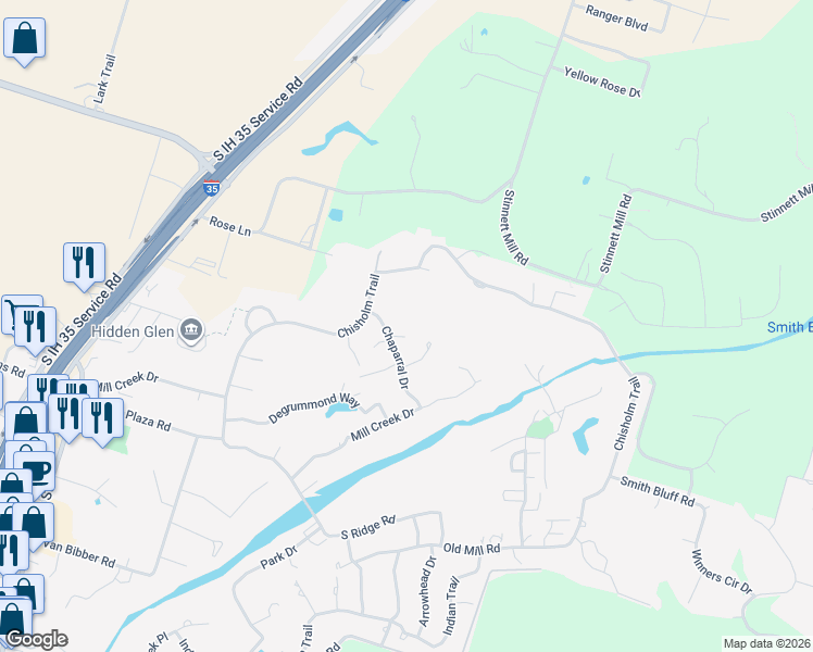 map of restaurants, bars, coffee shops, grocery stores, and more near 1010 Brookhollow Circle in Salado