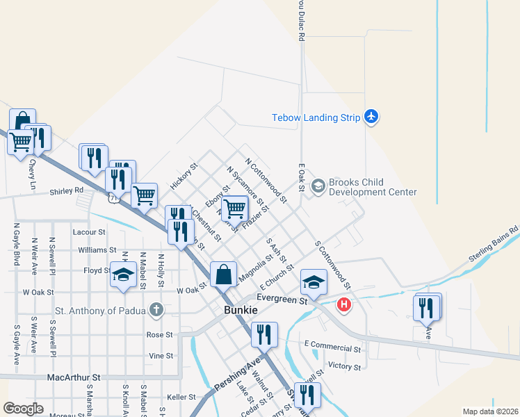 map of restaurants, bars, coffee shops, grocery stores, and more near 100-198 North Sycamore Street in Bunkie