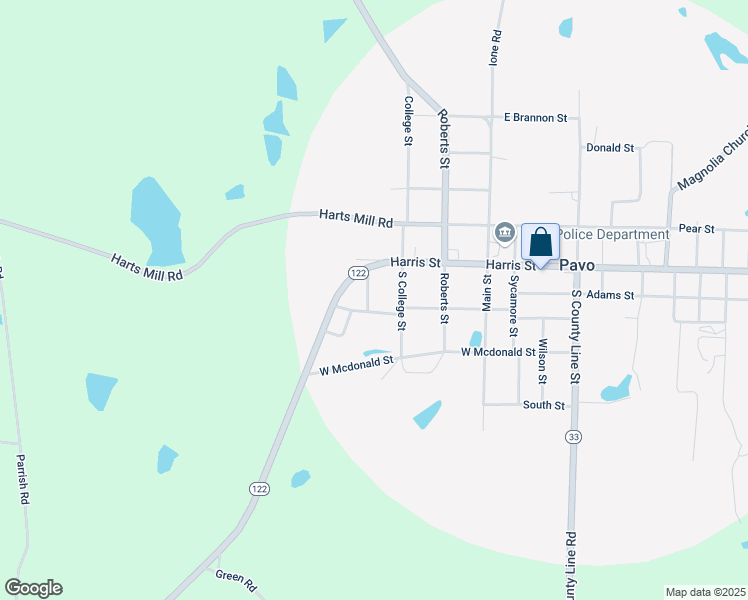 map of restaurants, bars, coffee shops, grocery stores, and more near 3058 John Deere Street in Pavo