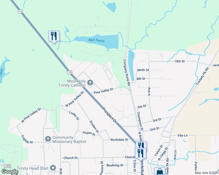 map of restaurants, bars, coffee shops, grocery stores, and more near 102 West Pine Valley Drive in Trinity