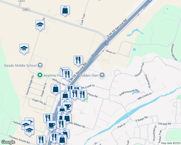 map of restaurants, bars, coffee shops, grocery stores, and more near 1319 Natasha Street in Salado