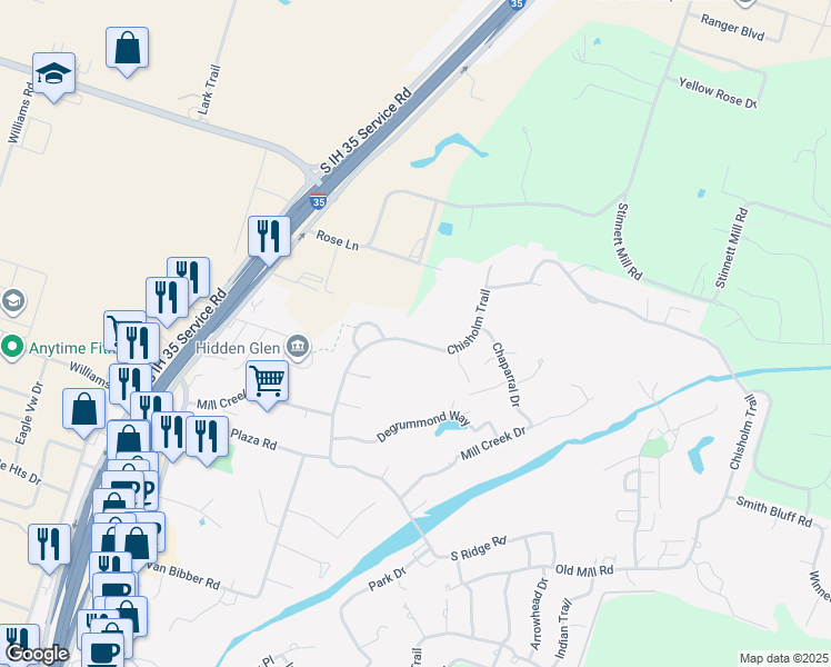 map of restaurants, bars, coffee shops, grocery stores, and more near 1513 Chisholm Trail in Salado