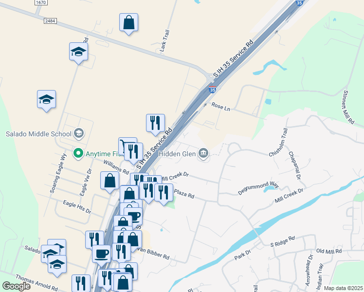 map of restaurants, bars, coffee shops, grocery stores, and more near 1325 Natasha Street in Salado