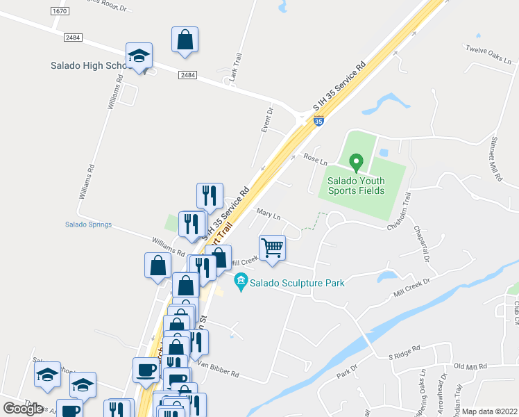map of restaurants, bars, coffee shops, grocery stores, and more near 28 Mary Lane in Salado