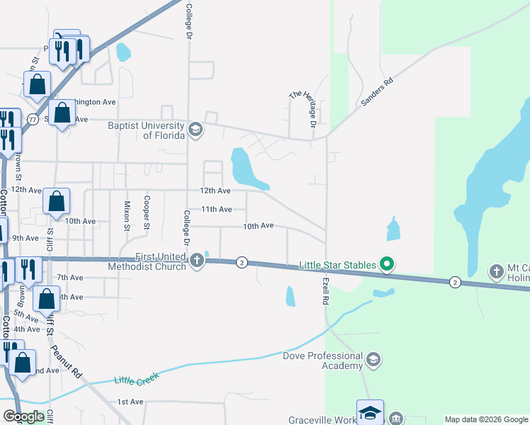 map of restaurants, bars, coffee shops, grocery stores, and more near 5378 Cherry St in Graceville