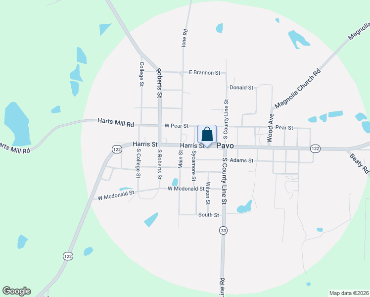 map of restaurants, bars, coffee shops, grocery stores, and more near 1033 Harris Street in Pavo