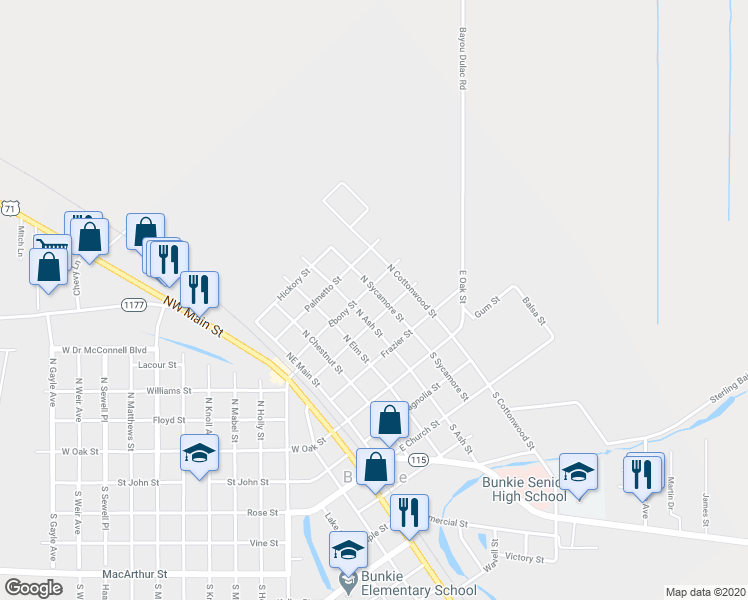 map of restaurants, bars, coffee shops, grocery stores, and more near 306 North Sycamore Street in Bunkie