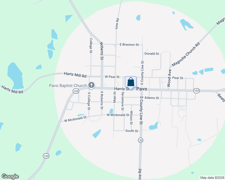 map of restaurants, bars, coffee shops, grocery stores, and more near 1033 Harris Street in Pavo
