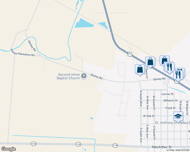 map of restaurants, bars, coffee shops, grocery stores, and more near Shirley Road in Bunkie