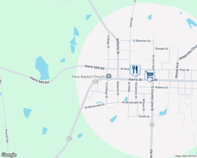 map of restaurants, bars, coffee shops, grocery stores, and more near 201 Harris Street in Pavo