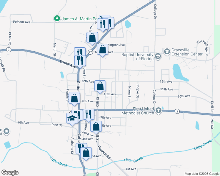 map of restaurants, bars, coffee shops, grocery stores, and more near 5385 Smith Street in Graceville