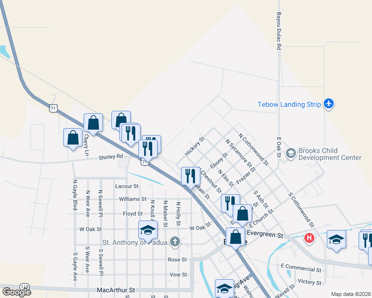 map of restaurants, bars, coffee shops, grocery stores, and more near 200 Hickory Street in Bunkie