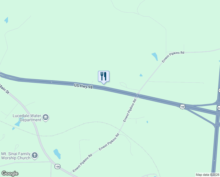 map of restaurants, bars, coffee shops, grocery stores, and more near US Highway 98 in Lucedale
