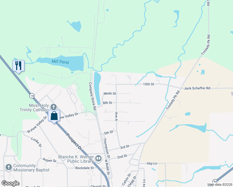 map of restaurants, bars, coffee shops, grocery stores, and more near 107 North 10th Street in Trinity