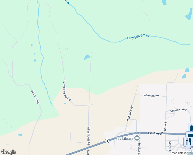 map of restaurants, bars, coffee shops, grocery stores, and more near 5524 Wiley Scott Road in Jay
