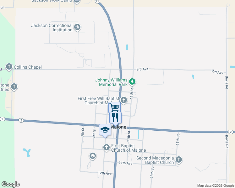 map of restaurants, bars, coffee shops, grocery stores, and more near 5463 10th Street in Malone